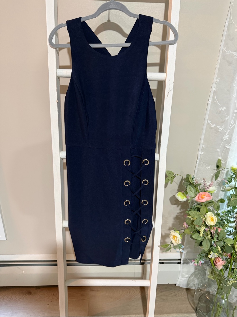 Guess Navy Lace-Up Midi Dress